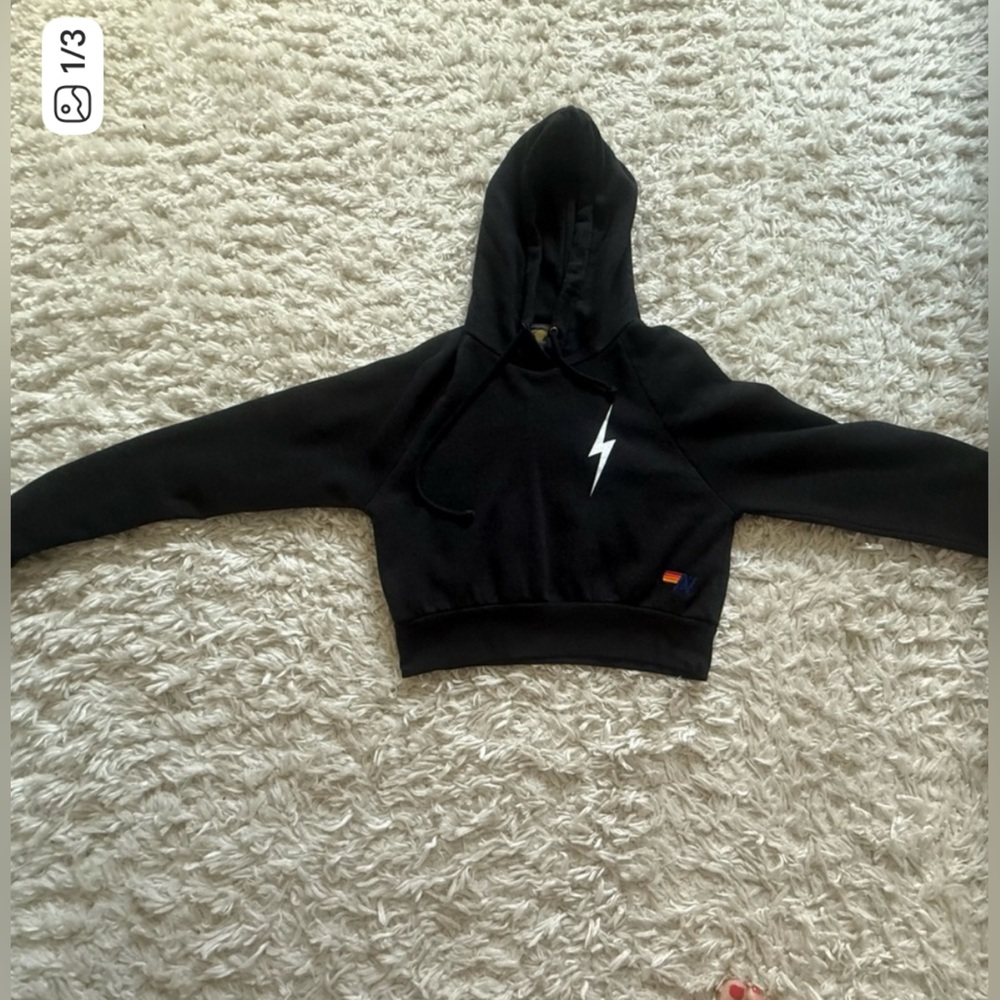 Aviator Nation Cropped Charcoal Black Hoodie White Lightning Bolt S